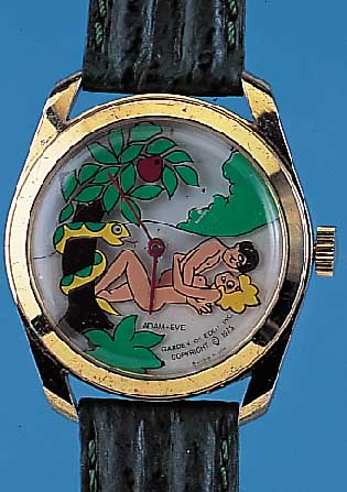 ADAM AND EVE Comicuhr mit beweglicher ero- tischer Szene, Aluminiumgeh., elox., Boden gedr., schweizer Stiftenankerwerk, um 1975, Lederband, ...