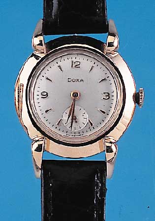 DOXA Damenarmbanduhr, Schweiz um 1950, RG 750/000-Geh., bet. Lünette m. tropfenförm. aufges. Bandanst., D. ca. 26 mm, RundankerwerkKal. 67, ...