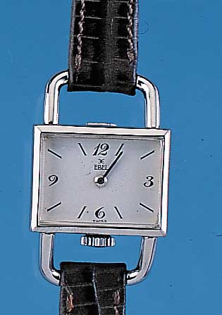 EBEL Damenarmbanduhr, Ref.-Nr. 372/955065, Schweiz um 1970, Edelst., Lederband neu, bü- gelförm. Bandanst., Boden gedr., emailfarb. Blatt, 17 ...