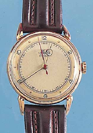 HATIS HERRENARMBANDUHR MODELL INCABLOC, REF.-NR. 205955, SCHWEIZ UM 1954, RG 750/000, BODEN U. GLASR. GEDR., BET. BANDANST., ORIG. ZWEIFARB. ...