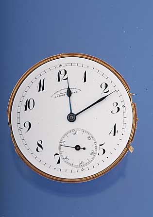 A. LANGE & SÖHNE Savonettetaschenuhrwerk in sogenannter DUF-Qualität, Werkpaßring u. Cuvette, Email-Orig.-Blatt, 2-teilig, minim. rissig ...