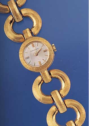 JAEGER LE COULTRE Damenarmbanduhrwerk in neu- tralem GG 750/000-Gehäuse, incl. GG-Glieder-band, Boden aufgedr., Blatt vers., Formanker- werk, 17 ...