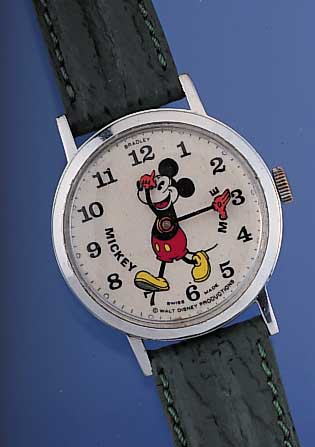 COMICUHR Modell Mickey Mouse, Ref.-Nr. 23, Schweiz um 1968, Metallgeh. verchr., Pappzif- ferbl., Walt-Disney Produkt., schweizer Stif- tenankerwerk ...