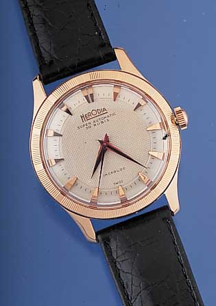 HERODIA Herrenarmbanduhr Modell Superautoma- tik, Ref.-Nr. 1123, Schweiz um 1955, RG 750/000, Boden geschr., bei Fertigst. wassergesch.aufwend. ...