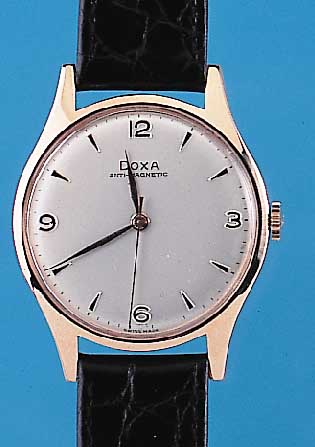 DOXA Herrenarmbanduhr Modell Antimagnetik, Ref.-Nr. 10335/14, Schweiz um 1950, RG 585/000Boden gedr., Zentralsek., vers. Orig.-Blatt, zum Rand l. ...