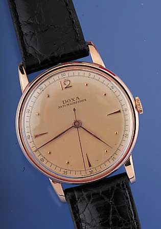 DOXA Herrenarmbanduhr Modell Antimagnetik, Ref.-Nr. 841718, Schweiz um 1946, RG 585/000, Rundgeh., Boden u. Glasrand gedr., D. ca. 34 mm, vers. ...
