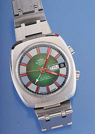 ROYCE Armbandwecker Modell Twin-Matic, Ref.-Nr. 13-52, Schweiz um 1973, Edelst., Orig.- Edelst.-Band, Boden geschr., bei Fertigst. ...