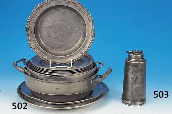 Schraubenflasche, deutsch, 18. Jh., Zinn, sek. bez. P. Sch 1560, verbeult, alte L”tspur,H. ca. 14 cm