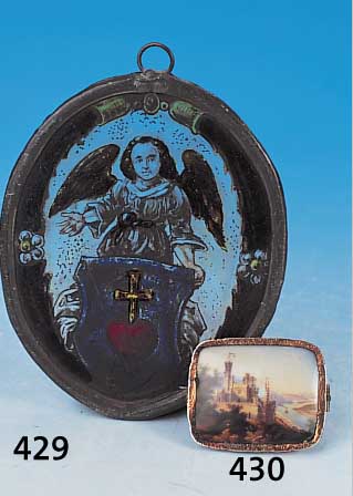 Porzellanmalerei, dt., um 1860, lithogr. u. ausgemalt, Darst. Burg Stolzenfels, berieben, im verg. Metallfassung, zum Anstecken, ca. 3.5 x 4.5 cm