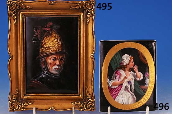 Porzellanbild, C. Schubert, nach Vorbild vonRembrandt, der Mann mit dem Goldhelm, 15x10cm,Rahmen