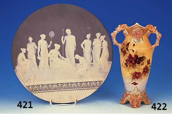 Vase, Thurn & Teplitz, um 1900, Feinstein- zeug, bunt floral bemalt und lithographiert, H. ca. 37 cm