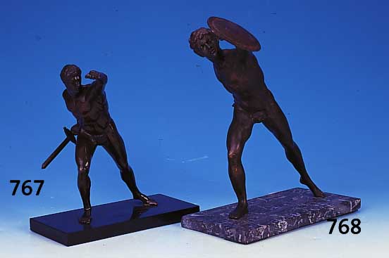 Bronzefigur, wohl deutsch, um 1900, antiker K„mpfer, Marmorplinthe, H. ca. 28 cm