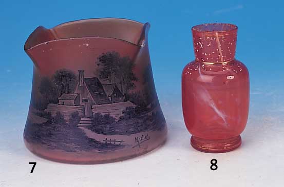 Vase, sign. Michel, 20er Jahre, rosa-orange-farben verlaufendes Glas mit blauer Email- malerei von Landschaft am See, vierfach ge- kniffen, ...