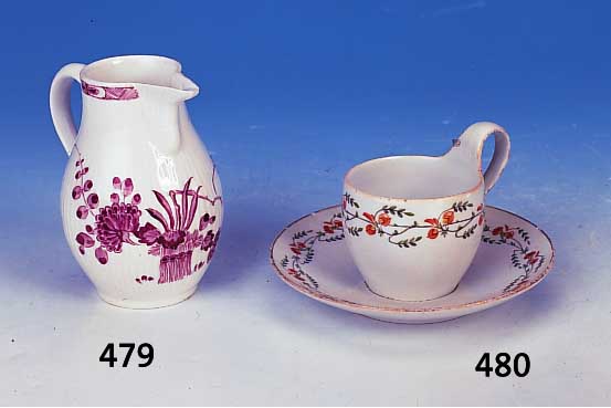 Kännchen, Meissen, Marcolinizeit, Porzellan,geriefte Wandung, purpurfarbene florale Camaieumalerei, Standring leicht best. und leicht ...