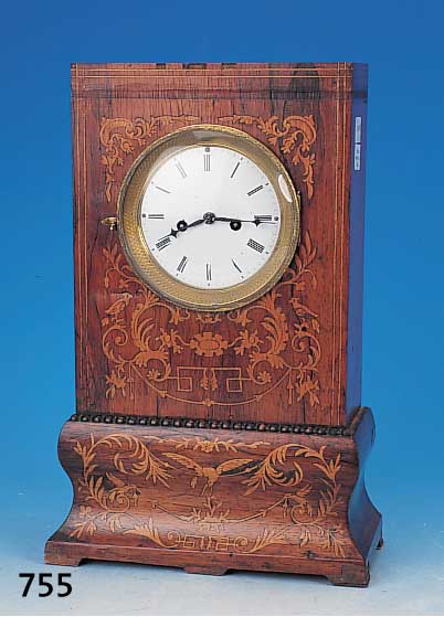 Tischuhr, Österreich, um 1850, reich intarsiertes Holzgehäuse, Sockelbereich dreiseitig geschwungen, zwei kleine Seitenlei-sten und ...