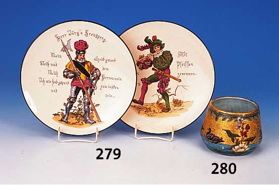 Schale, Paul Millet, um 1890-1902, Sevres, Steingut, emailliert, Entenmotive mit Blumen und gesprungen bzw. geklebt, H. 9 cm, D. 11 cm
