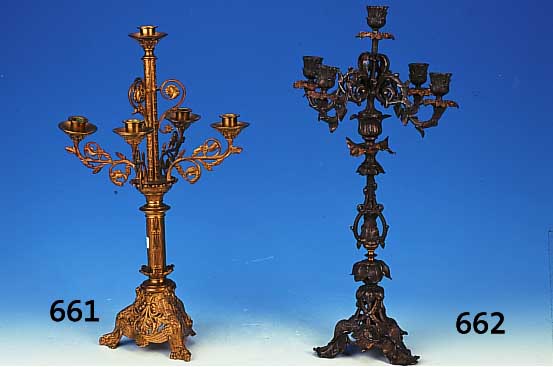 Kerzenleuchter, Frankreich, um 1900, Metall-guá reich reliefiert in versch. Blattformen, Jugendstil, 5 Brennstellen, H.ca. 57.5 cm