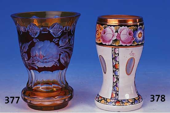 Pokalglas, Böhmen, um 1920, farbloses Glas, mit Emailbemalung, Goldstaf- fage, H. 13 cm
