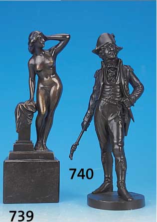 Bronzefigur, deutsch, sign. F. Müller Düssel- dorf, um 1900, weiblicher Akt an Säule leh- nend, Steinsockel, Gesamth. ca. 26.5 cm