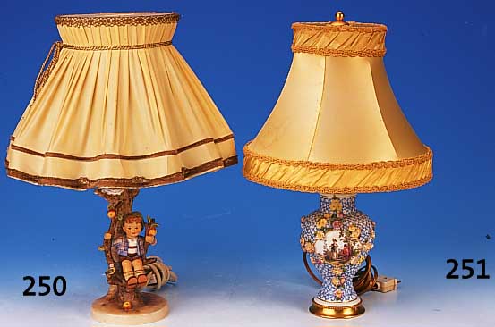 Tischlampe, England, um 1900, Fuß Porzellan mit reichen applizierten Blüten, in Kartusche fein bemalt mit galanter Szene, Gesamthöhe ca.40 cm, ...