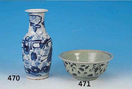 BALLUSTERVASE, CHINA, UM 1890/1910, PORZEL- LAN, UNTER GLASUR BLAUE BEMALUNG, UMLAUFENDER DEKOR MIT SPIELENDEN KINDER IN LANDSCHAFT, NACH DEM ...