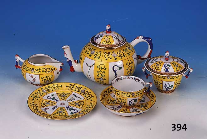 Teeservice, Herend/Ungarn, Form Mandarin, Dekor Siang jaune, Porzellan, handbemalt mitfigrlich ausgeformten Henkeln, bestehend aus:Teekanne, ...