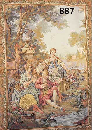 Wandbehang, Mitte 20. Jh., Rokokoszenerie, zwei Damen und ein Kavalier beim Angeln, gewebt, mit gedrechselter Auf- ...
