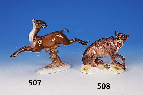 Porzellanfigur, Rosenthal, 30er Jahre, springendes Reh, bunt bemalt, H. ca. 18 cm
