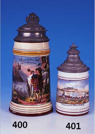 Zwei Zinndeckelkrge, deutsch, um 1900, Porzellan und Glas, bedruckt und bemalt, Weiáenburg mit der Festung Wlzburg und Wild- ...