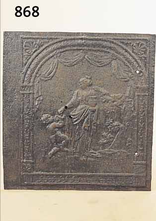OFENPLATTE, UM 1750, EISEN, FORTUNA MIT PUTTO, KORRODIERT, ALTERSSPUREN, 62 X 58 CM