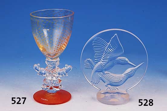 Glasskulptur, Lalique, farbloses reliefier- tes Glas mit zwei Kolibris, unsigniert, H. ca. 17.5 cm