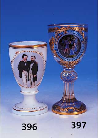 Pokalglas, Lobmaier, Wien, um 1890, farb- loses Glas, bemalt, in Kartusche: stillende Frau und heimkehrender J„ger, Beute ber dem Stock, ...