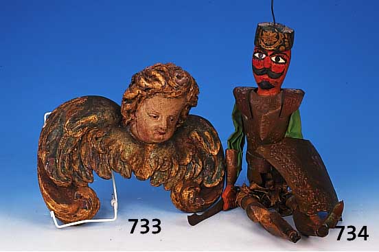 Gliederpuppe/Marionette, Italien, um 1900, Holz geschnitzt und bunt bemalt, Darst. eines Ritters, Brustpanzer, Schild, Manschetten und ...