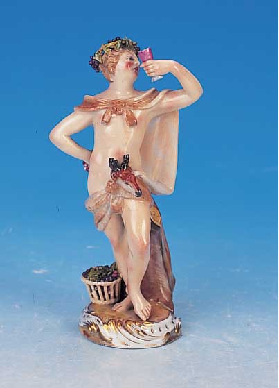 Porzellanfigur, Meissen, um 1860-70, Bacchus, bunt bemalt, leicht best. (Ohr des Ziegenkopfes, Blattwerk), H. ca. 14,5 cm