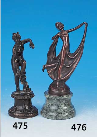 Bronzeskulptur, bez. Benke, um 1930, Tänzerin auf grünem Marmorsockel, H. ca. 22 cm