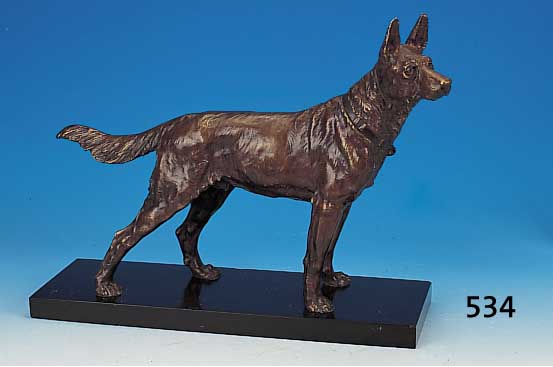 Große Bronzeskulptur, Drouot, Paris, 30er Jahre, in Form eines Hundes, auf dunklem Marmorsockel, min. best., signiert auf dem Sockel, 40 ...