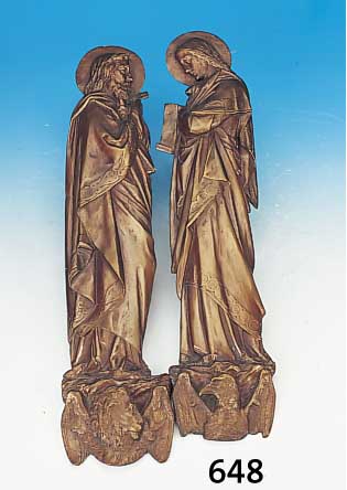 Paar Wandreliefs, Bronze, um 1900/10, zwei Evangelisten, H. ca. 63 cm