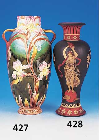Vase, Österreich, um 1900, Majolika, relie- fierter floraler Dekor, H. 38,5 cm