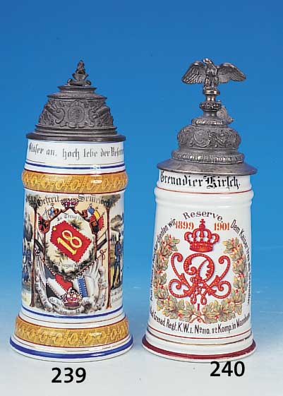 Reservistenkrug, Bad.Grenad.Regt. KW. I No. 110 12. Komp. in Mannheim, Porzellan, be- druckt, haarrissig im Boden, H. 25.5 cm