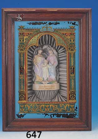 Eingericht mit Spieluhr, deutsch um 1890, Hl. Familie, Bisquitporzellan, unter litho- gaphiertem Glas, Spieluhr mit zwei Melodien, ca. 65 x 48 ...