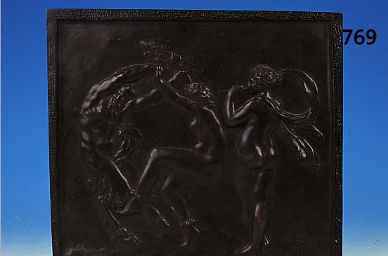 Bronzerelief, Frankreich, sign. M. Clodion, 19. Jh., feiner Guss mit reliefiertem Elfen- reigen mit Satyr, ca. 32 x 36 cm