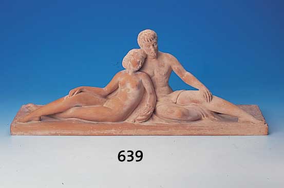 Skulptur, sign. Riolos, 30er Jahre, Liebespaar, Keramik, H. ca. 30 cm, L. ca. 76.5 cm