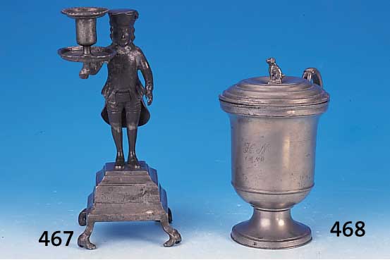 Kerzenleuchter, Sachsen, um 1829 , Zinn, Bergmann in voller Festuniform, der Segen des Bergbaues, H. 27 cm, min. rest.