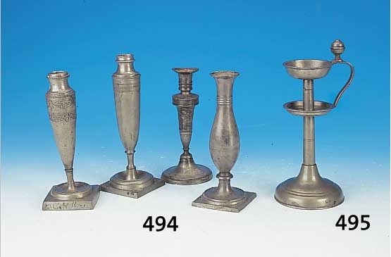 Vier Kerzenleuchter, deutsch, um 1810-30, drei Tüllen fehlen, z.T. restauriert, z.T. besch. H. 21-18-5 cm