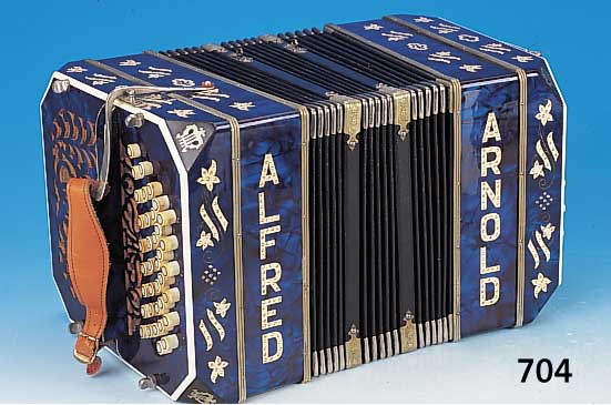 Bandoneon, Alfred Arnold Carlsfeld/Thüringen, 50er Jahre, blau-chargierendes Bakelitge- häuse mit elfenbeinfarbenen Intarsien und ...