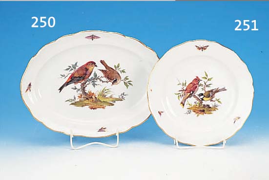 OVALE PLATTE, MEISSEN, UM 1900-1910, PORZELLAN, SEHR FEINE MALEREI, VOGELDEKOR MIT INSEKTEN, GOLDRAND, L. 35 CM
