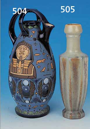 VASE, LIMOGES, UM 1910, KERAMIK MIT GRüNBLAUEN UND BRAUNEN LAUFGLASU- REN, H. CA. 33 CM, AM FUß INNEN LEICHT BEST.