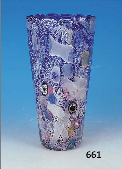 VASE, MURANO, AURELIANO TOSO, MURANO, UM 1955, BLAUES GLAS M. SILBEREINPUDERUNGEN, DARüBERFARBLOSE TRäGERSCHICHT MIT EINGEWALZTEN GLAS- SPIRALEN, ...