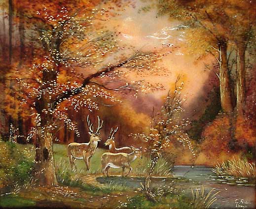 EMAILBILD, LIMOGES, UM 1900, SIGN. C. FERDEL, REHE AM FLUß IM WALD, EMAIL AUF KUPFER, CA.20 X 23 CM, R.
