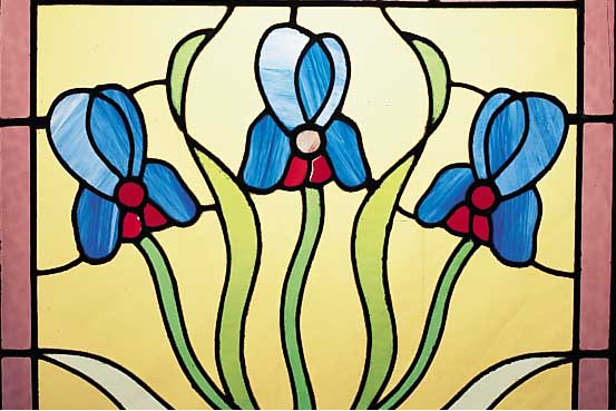 Bleiglasscheibe, Jugendstil, um 1910, bunte Bleiverglasung, Blumendekor,54 x 59 cm